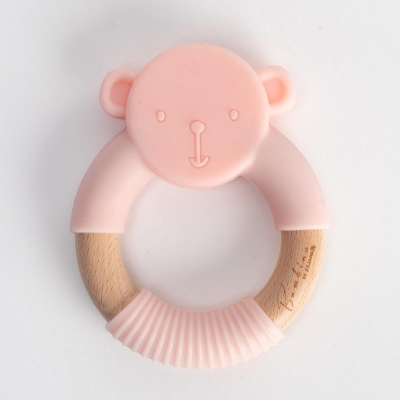 Bambino Бебешка гризалка от силикон и дърво Teddy 3м+ - розова